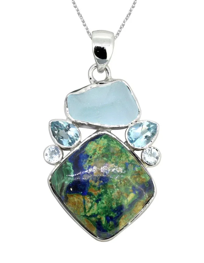 Necklaces YoTreasure Azurite Malachite Solid 925 Sterling Silver Pendant Necklace