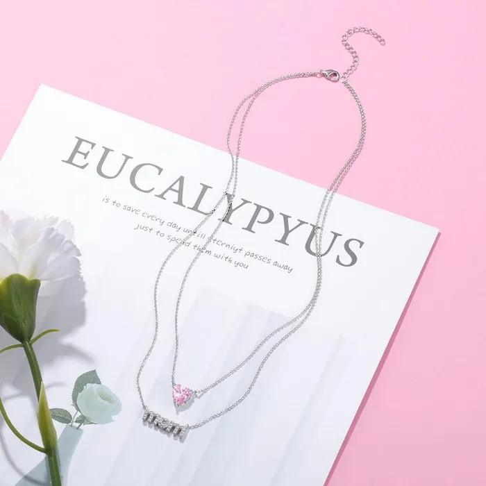 Personalized Womens Copper Layered Necklace with Customize Cubic Zirconia Heart Birthstone Pendant Fashion Jewelry Gift for Mothers Day Personalized Jewel Necklaces
