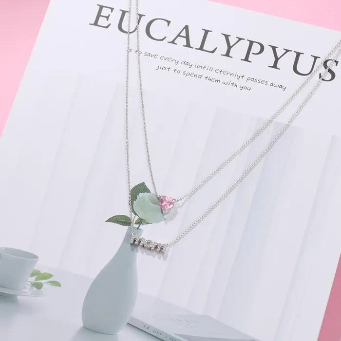 Personalized Womens Copper Layered Necklace with Customize Cubic Zirconia Heart Birthstone Pendant Fashion Jewelry Gift for Mothers Day Personalized Jewel Necklaces