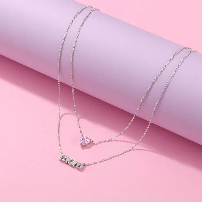 Personalized Womens Copper Layered Necklace with Customize Cubic Zirconia Heart Birthstone Pendant Fashion Jewelry Gift for Mothers Day Personalized Jewel Necklaces