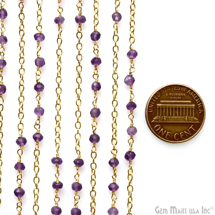 PreStyled Sets GemMartUSA Amethyst Faceted Beads 335mm Gold Plated Wire Wrapped Rosary Chain