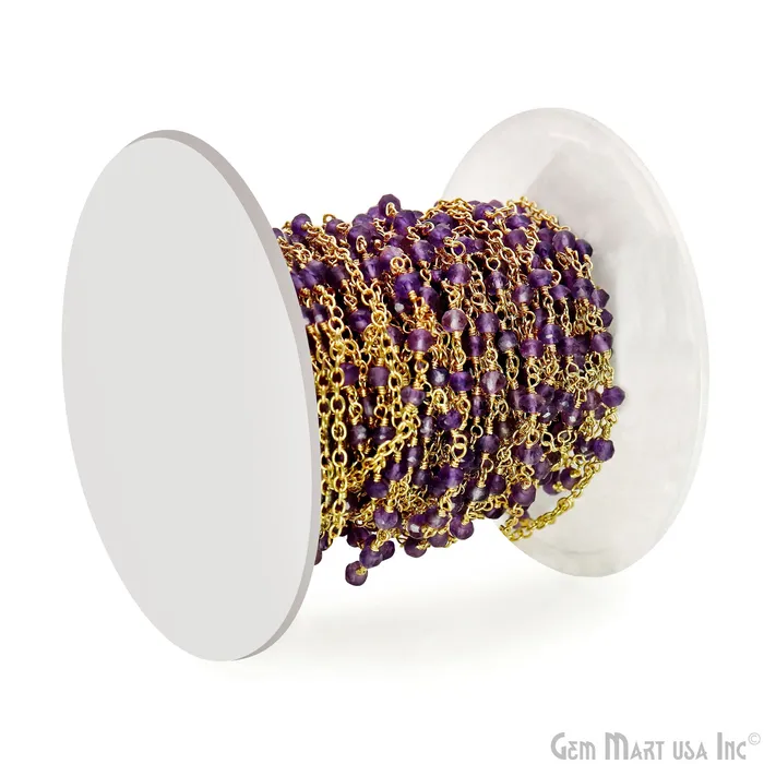 PreStyled Sets GemMartUSA Amethyst Faceted Beads 335mm Gold Plated Wire Wrapped Rosary Chain