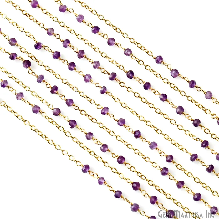 PreStyled Sets GemMartUSA Amethyst Faceted Beads 335mm Gold Plated Wire Wrapped Rosary Chain
