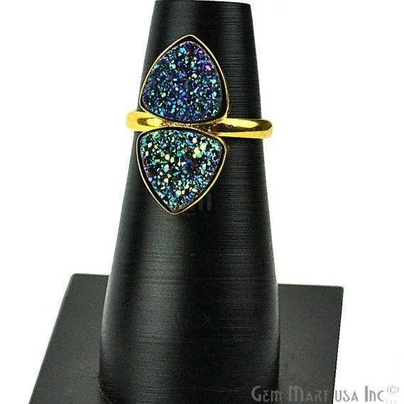 Rings GemMartUSA Gold Plated 10mm Trillion Double Druzy Flat Gemstone Statement Ring Ring Size 6US 12003
