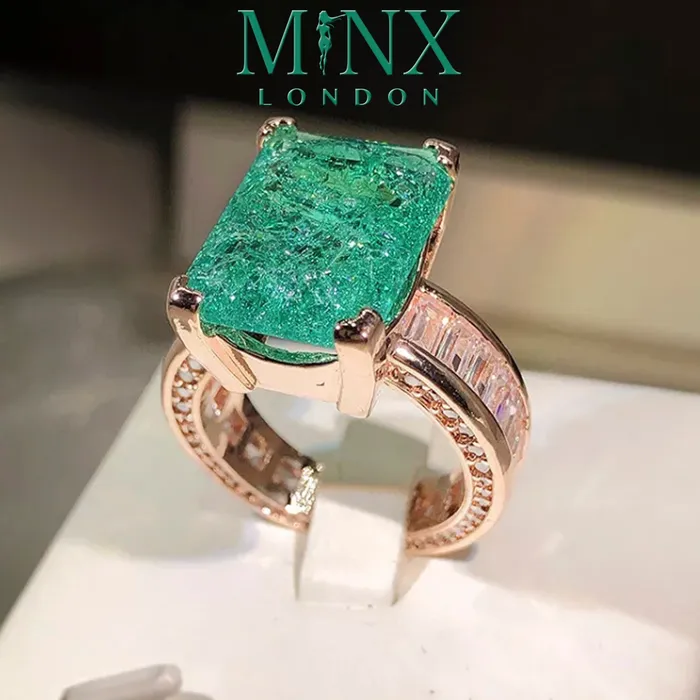 Rings Minx London Rose Gold Engagement Ring Womens Rose Gold Ring Diamond Engagement Ring Rose Gold Ring Green Diamond Ring Emerald Ring Big Ring