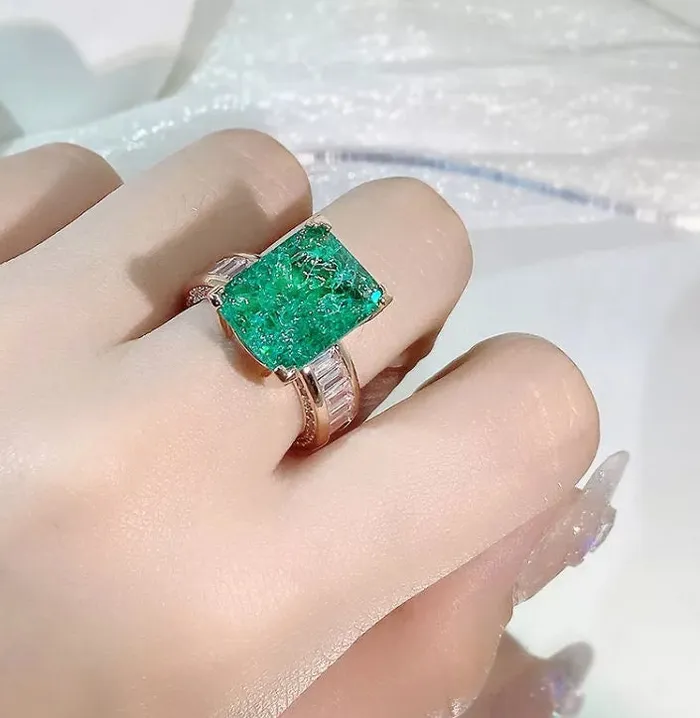 Rings Minx London Rose Gold Engagement Ring Womens Rose Gold Ring Diamond Engagement Ring Rose Gold Ring Green Diamond Ring Emerald Ring Big Ring