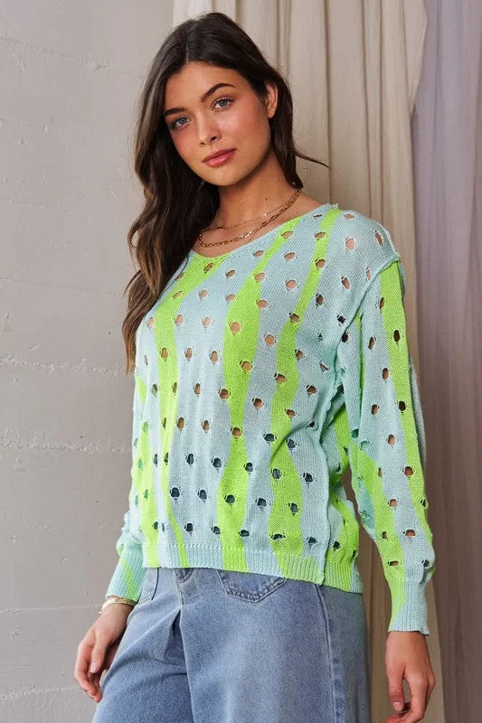 Rings Trendsi Davi Dani TwoTone Ribbed Hem Openwork Knit Top