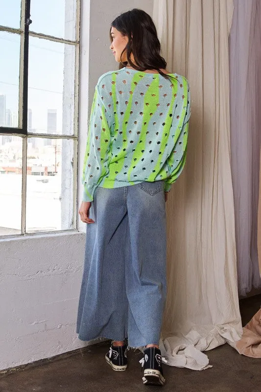 Rings Trendsi Davi Dani TwoTone Ribbed Hem Openwork Knit Top