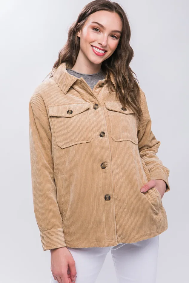 Trendsi Necklaces Love Tree Corduroy Button Up Jacket with Sherpa Inside