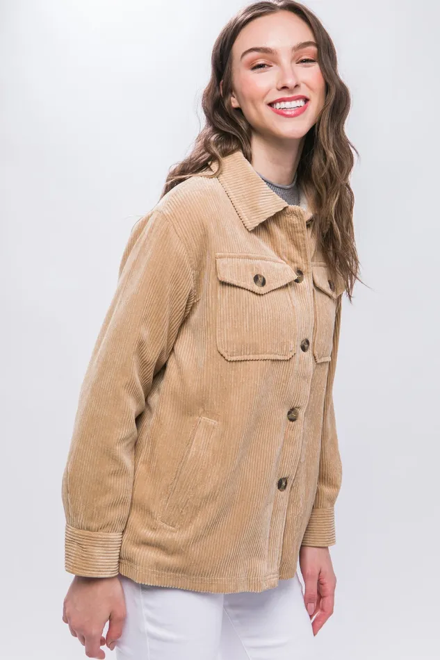 Trendsi Necklaces Love Tree Corduroy Button Up Jacket with Sherpa Inside