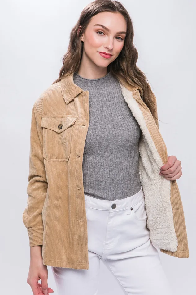 Trendsi Necklaces Love Tree Corduroy Button Up Jacket with Sherpa Inside
