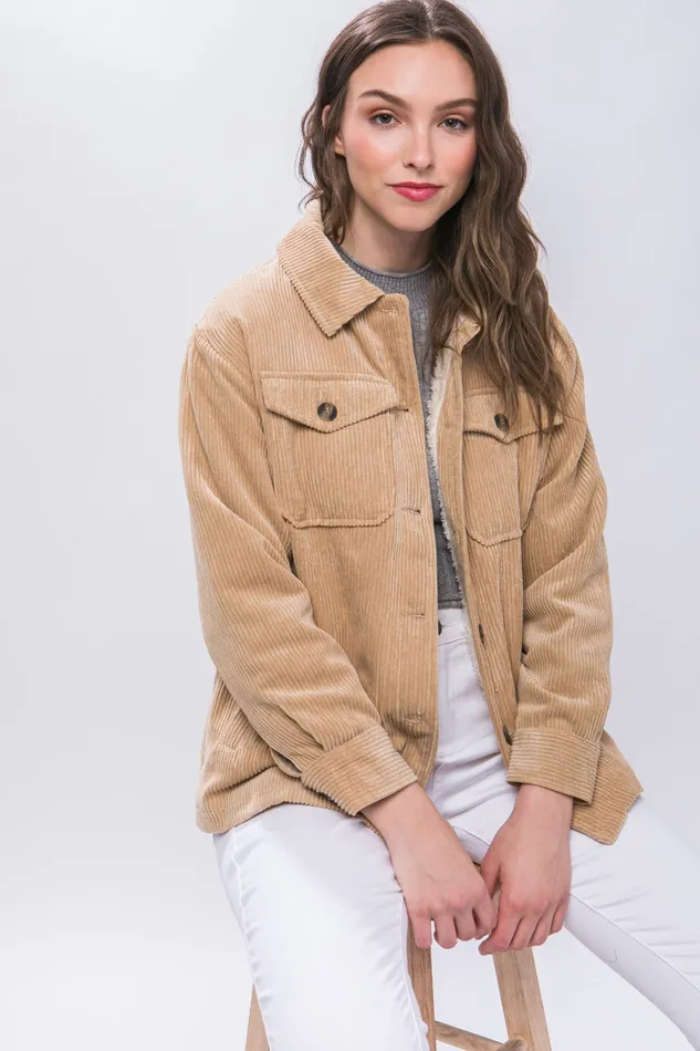 Trendsi Necklaces Love Tree Corduroy Button Up Jacket with Sherpa Inside