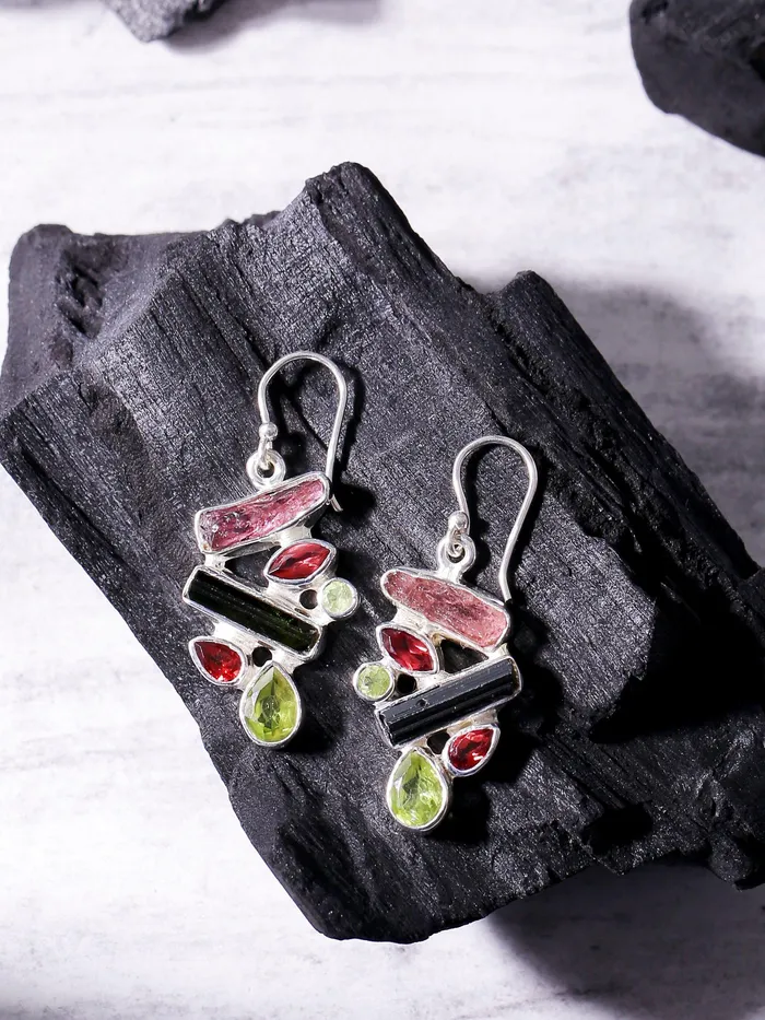 YoTreasure Earrings 157 Rough Tourmaline Garnet Peridot Solid 925 Sterling Silver Dangle Earrings Jewelry