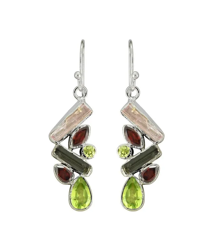 YoTreasure Earrings 157 Rough Tourmaline Garnet Peridot Solid 925 Sterling Silver Dangle Earrings Jewelry