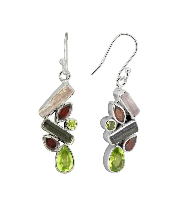 YoTreasure Earrings 157 Rough Tourmaline Garnet Peridot Solid 925 Sterling Silver Dangle Earrings Jewelry