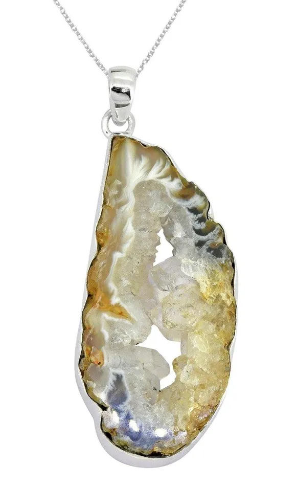 YoTreasure Necklaces Coconut Geode Druzy Solid 925 Sterling Silver Pendant Necklace