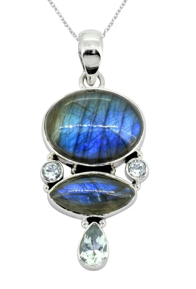 YoTreasure Necklaces Labradorite Blue Topaz 925 Sterling Silver Pendant Necklace