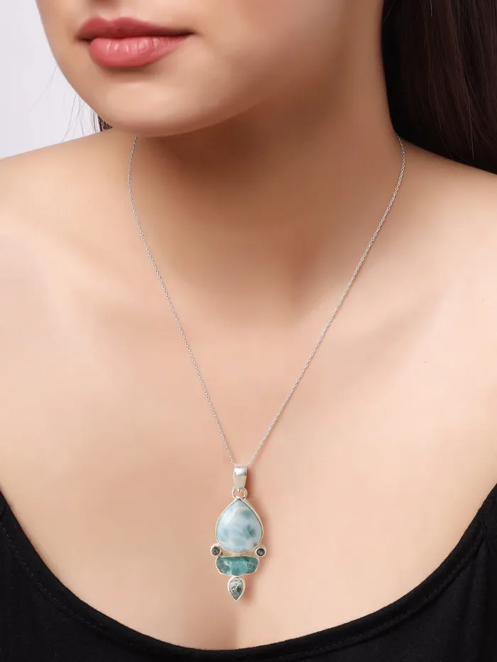 YoTreasure Necklaces Larimar Blue Topaz Solid 925 Sterling Silver Pendant Necklace