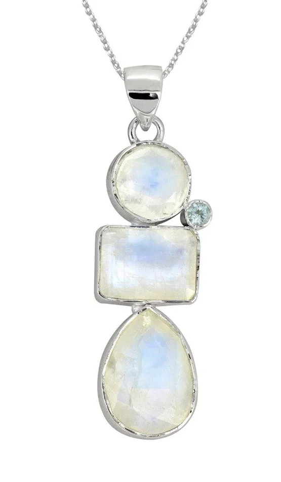 YoTreasure Necklaces Moonstone Blue topaz Solid 925 Sterling Silver Pendant Necklace