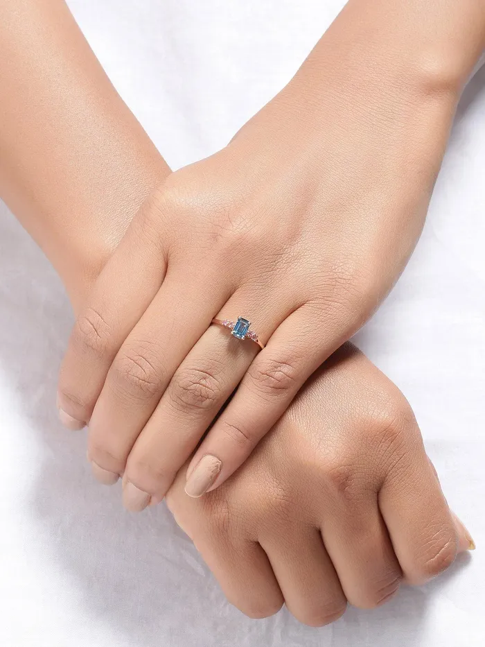 YoTreasure Rings 077 Ct London Blue Topaz Pink Tourmaline Solid 10k Rose Gold Ring