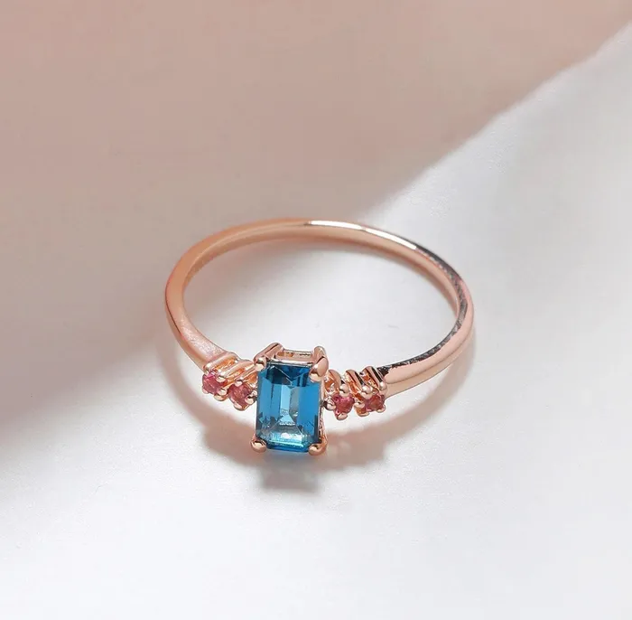 YoTreasure Rings 077 Ct London Blue Topaz Pink Tourmaline Solid 10k Rose Gold Ring
