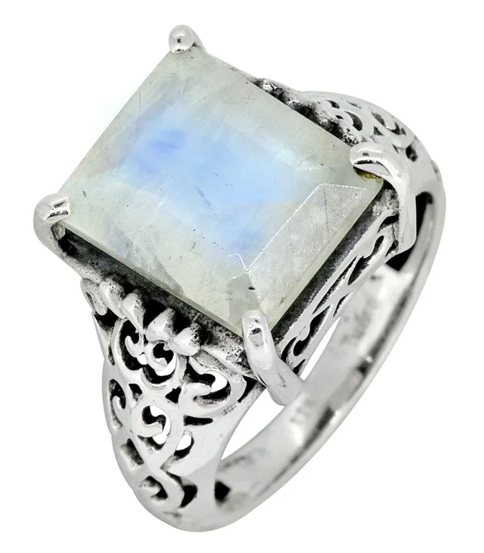 YoTreasure Rings Rainbow Moonstone Ring Solid 925 Sterling Silver Gemstone Jewelry