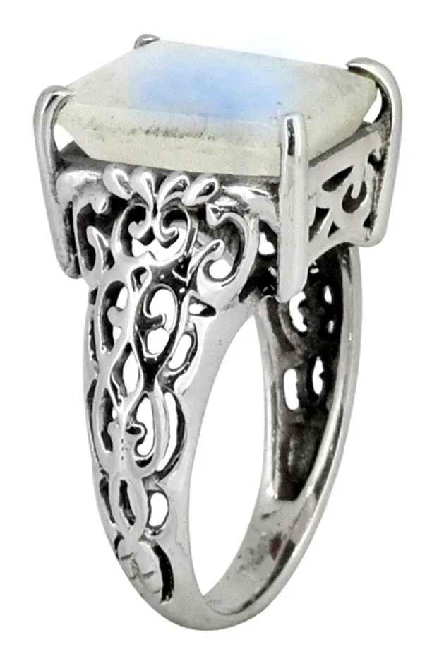 YoTreasure Rings Rainbow Moonstone Ring Solid 925 Sterling Silver Gemstone Jewelry