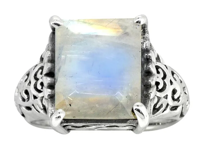 YoTreasure Rings Rainbow Moonstone Ring Solid 925 Sterling Silver Gemstone Jewelry