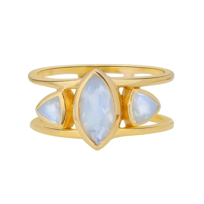 YoTreasure Rings Rainbow Moonstone Solid 14K Gold Plated Over 925 Silver 3 Stone Ring