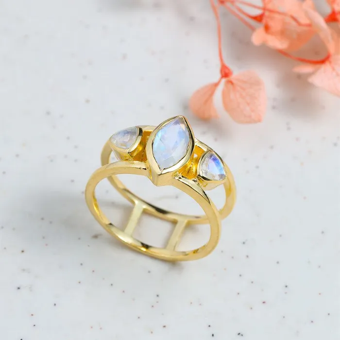 YoTreasure Rings Rainbow Moonstone Solid 14K Gold Plated Over 925 Silver 3 Stone Ring