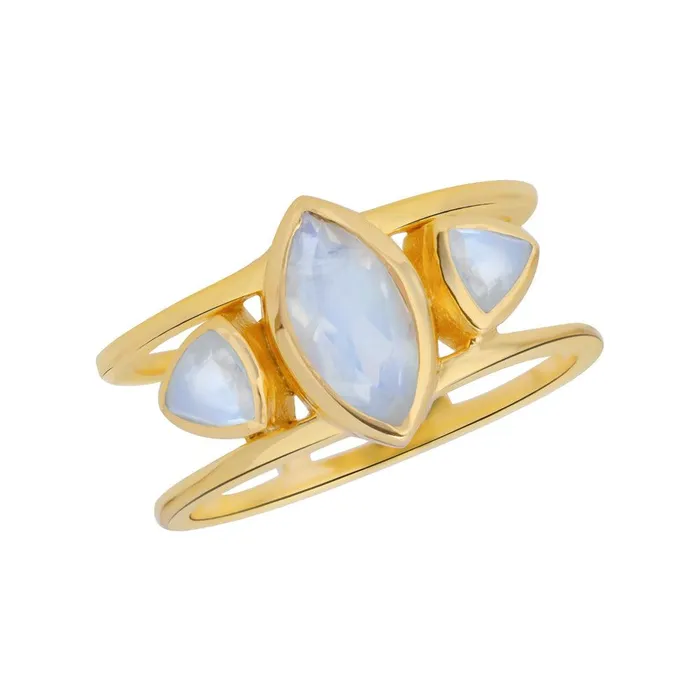YoTreasure Rings Rainbow Moonstone Solid 14K Gold Plated Over 925 Silver 3 Stone Ring
