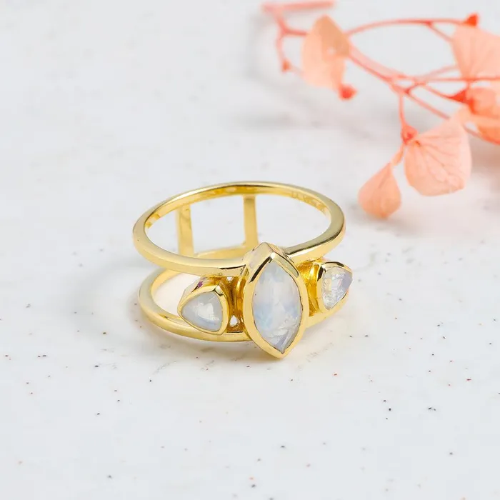 YoTreasure Rings Rainbow Moonstone Solid 14K Gold Plated Over 925 Silver 3 Stone Ring