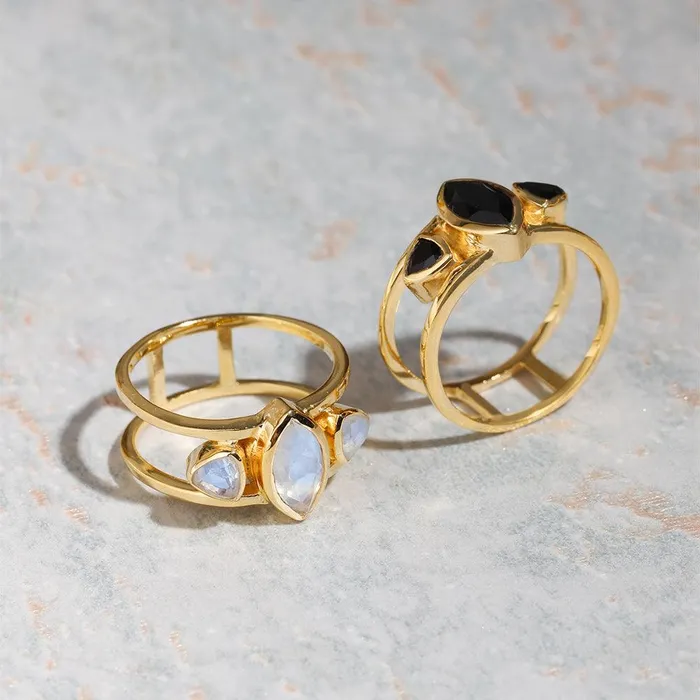 YoTreasure Rings Rainbow Moonstone Solid 14K Gold Plated Over 925 Silver 3 Stone Ring