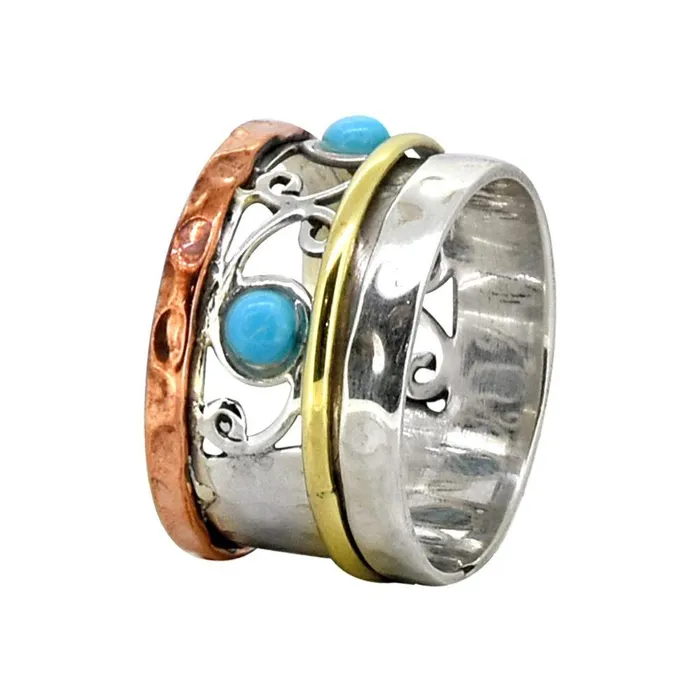 YoTreasure Turquoise Ring Solid 925 Sterling Silver Brass Copper Gemstone Jewelry Rings
