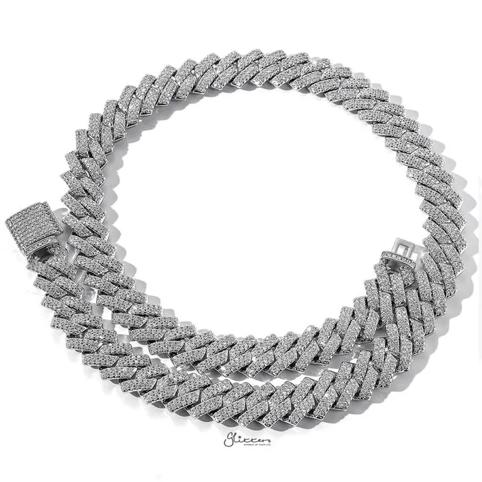 14mm Iced Out CZ Paved Miami Cuban Chain Silver Glitters Necklaces