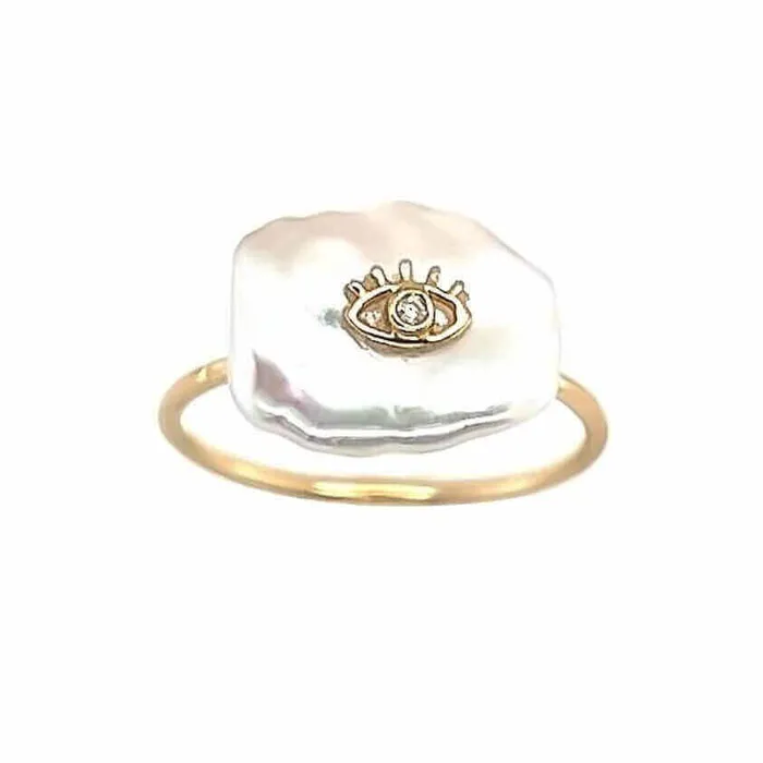 18K Gold Flat Pearl Diamond Accented Evil Eye Ring Izakov Diamonds Fine Jewelry Rings 18K Gold Flat Pearl Diamond Accented Evil Eye Ring Izakov Diamonds Fine Jewelry Rings