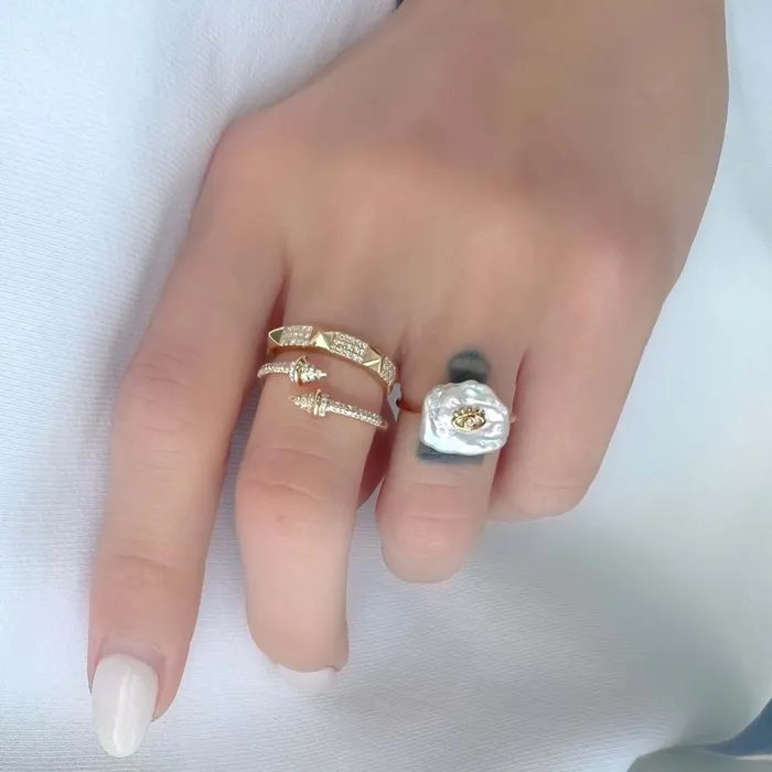 18K Gold Flat Pearl Diamond Accented Evil Eye Ring Izakov Diamonds Fine Jewelry Rings