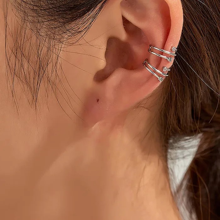 3 Lines Ear Cuff with Star and CZ Silver Glitters Earrings