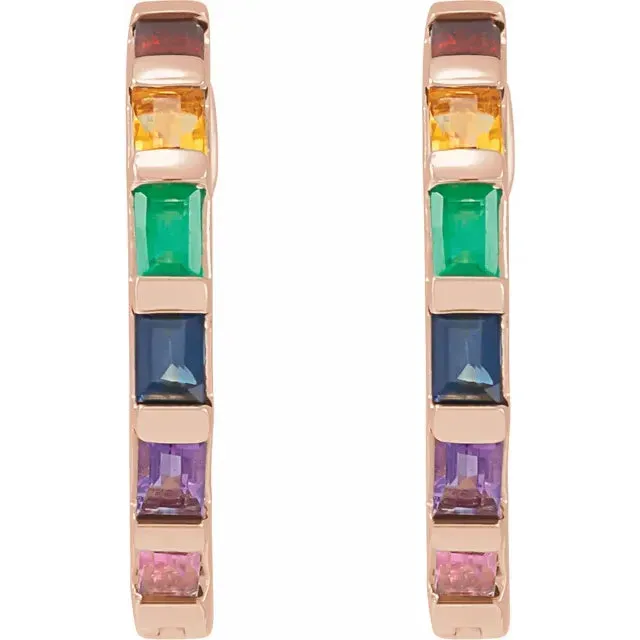 302 Fine Jewelry Earrings Baguette Natural MultiGemstone Rainbow Hoop Earrings Solid 14K Yellow White Rose Gold