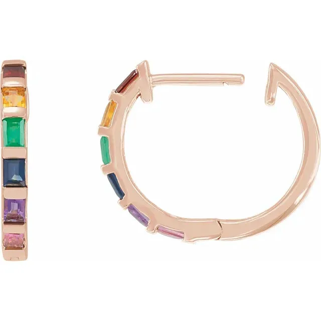 302 Fine Jewelry Earrings Baguette Natural MultiGemstone Rainbow Hoop Earrings Solid 14K Yellow White Rose Gold