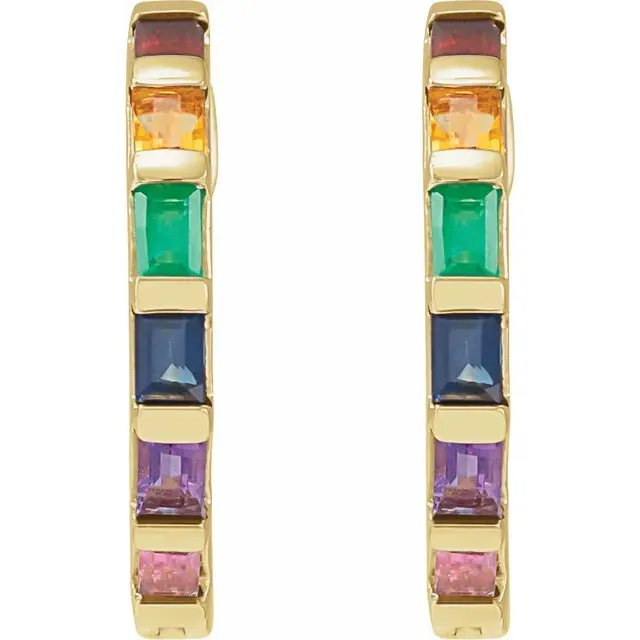 302 Fine Jewelry Earrings Baguette Natural MultiGemstone Rainbow Hoop Earrings Solid 14K Yellow White Rose Gold