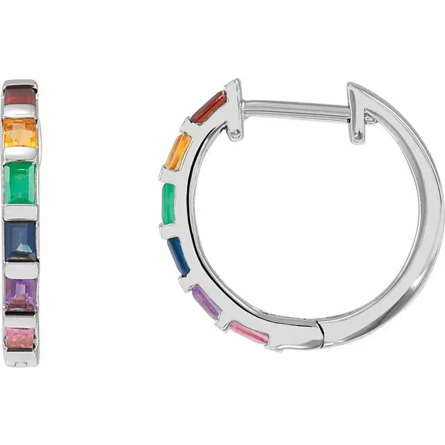 302 Fine Jewelry Earrings Baguette Natural MultiGemstone Rainbow Hoop Earrings Solid 14K Yellow White Rose Gold