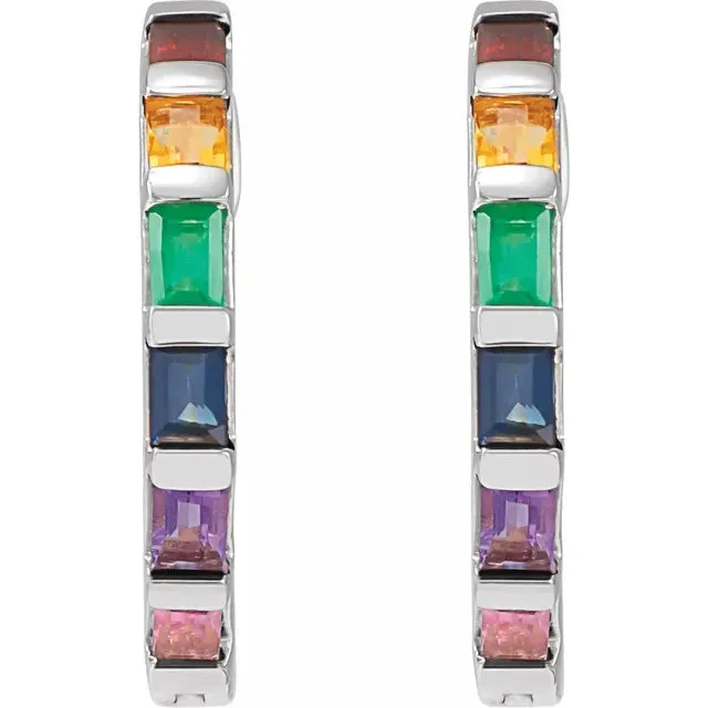 302 Fine Jewelry Earrings Baguette Natural MultiGemstone Rainbow Hoop Earrings Solid 14K Yellow White Rose Gold