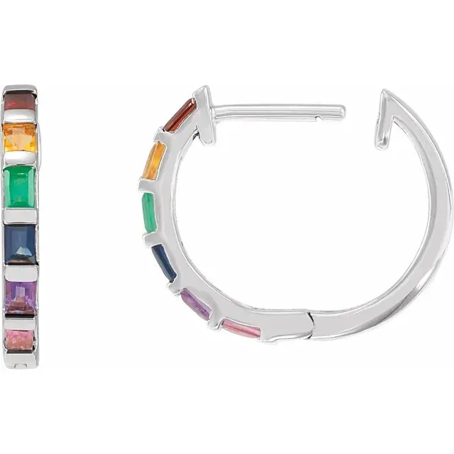 302 Fine Jewelry Earrings Baguette Natural MultiGemstone Rainbow Hoop Earrings Solid 14K Yellow White Rose Gold