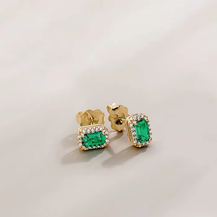302 Fine Jewelry Earrings Emerald Diamond Halo Stud Earrings Solid 14K Yellow Gold