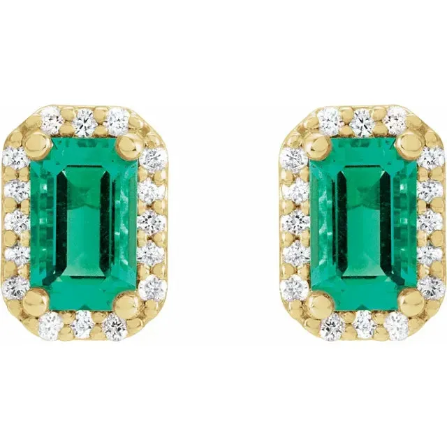 302 Fine Jewelry Earrings Emerald Diamond Halo Stud Earrings Solid 14K Yellow Gold