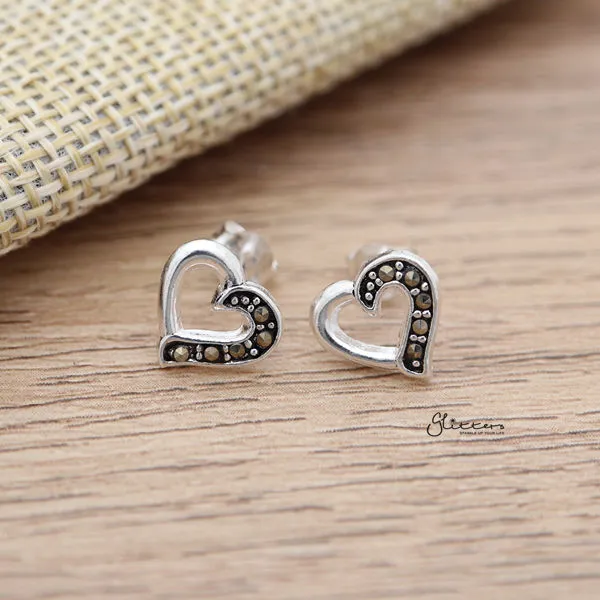 925 Sterling Silver Heart Stud Earrings with Marcasite Glitters Earrings