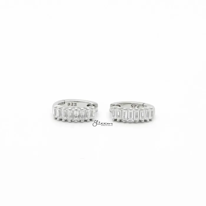 Baguette Cut CZ Huggie Hoop Earrings Silver Glitters Earrings