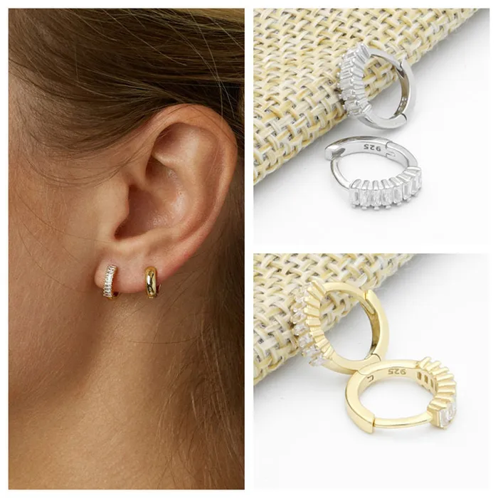 Baguette Cut CZ Huggie Hoop Earrings Silver Glitters Earrings
