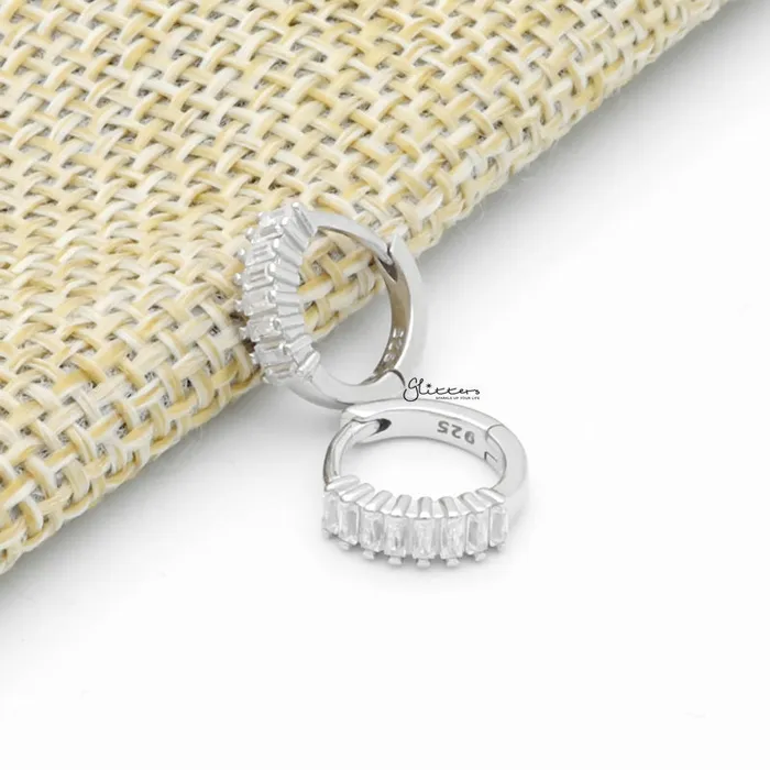 Baguette Cut CZ Huggie Hoop Earrings Silver Glitters Earrings